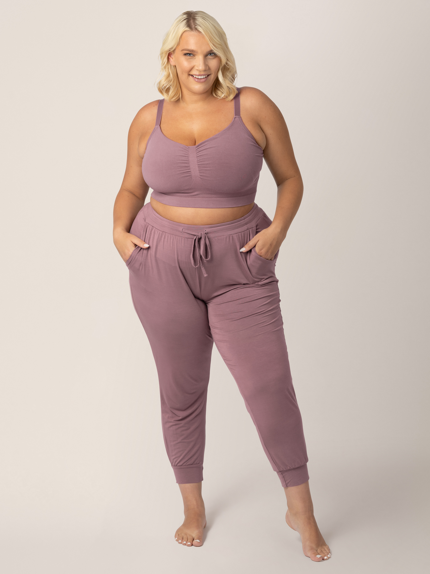 Model wearing the Sublime® Bamboo Hands-Free Pumping Lounge & Sleep Bra in Twilight @model_info:Lauren is wearing an X-Large Busty.