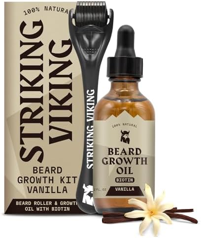 Striking Viking Beard Growth Kit Beard Roller for Hair Growth for Men - Biotin Beard Growth Oil - Beard Roller Beard Kit for Thickening and Conditioning Beards (Vanilla Scent, 1 Fl Oz (Pack of 2)