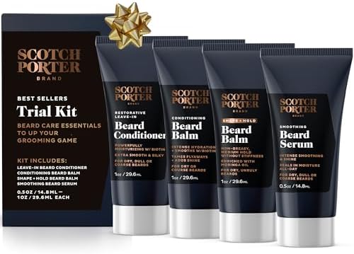 Scotch Porter Beard Trial Kit | Includes Conditioner, Conditioning Balm, Shape + Hold Balm and Serum| Non-Toxic Ingredients, Free of Parabens, Sulfates & Silicones, Vegan | 1 Ounce - 4 Pack