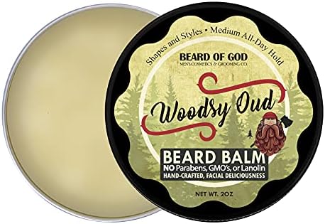Woodsy Oud - 2oz Beard Balm Conditioner - Natural, Organic and Handcrafted in USA by Beard of God - Medium Hold, Low Sheen, Melts Easy in Hands, No Grittiness