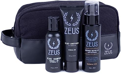 ZEUS Refined Essential Beard Care Kit with Travel Toiletry Bag - Beard Wash, Beard Conditioner, Refined Beard Oil & Travel Dopp Bag – (Verbana Lime) Made in USA