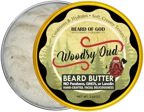 Woodsy Oud - 2.65 oz. Thick-Whipped Beard Butter - Natural, Organic & Crafted in USA by Beard of God - Stimulates Hair Growth & Beard Thickness, Keeps Straggler Down, Low Sheen…