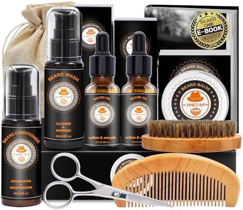 XIKEZAN Upgraded Beard Grooming Kit w/Beard Conditioner,Beard Oil,Beard Balm,Beard Brush,Beard Wash,Beard Comb,Beard Scissors,Storage Bag,Beard E-Book,Beard Care Gifts for Men Him Dad Husband