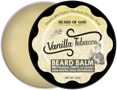Vanilla Tobacco - 2oz Beard Balm Conditioner - Natural, Organic and Handcrafted in USA by Beard of God - Medium Hold, Low Sheen, Melts Easy in Hands, No Grittiness