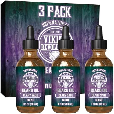 Viking Revolution Hair Styling Agent Beard Oil Conditioner - All Natural Clary Sage Scent with Argan & Jojoba Oils - Promotes Beard Growth - Softens & Strengthens Beards and Mustaches for Men (3 Pack)