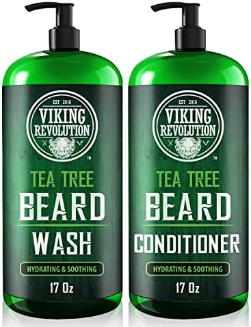 Viking Revolution Tea Tree Oil Beard Wash and Beard Conditioner For Men - Natural Beard Softener Set with Argan Oil, Vitamin E and Ginseng - Beard Shampoo and Conditioner Set (17 Oz)