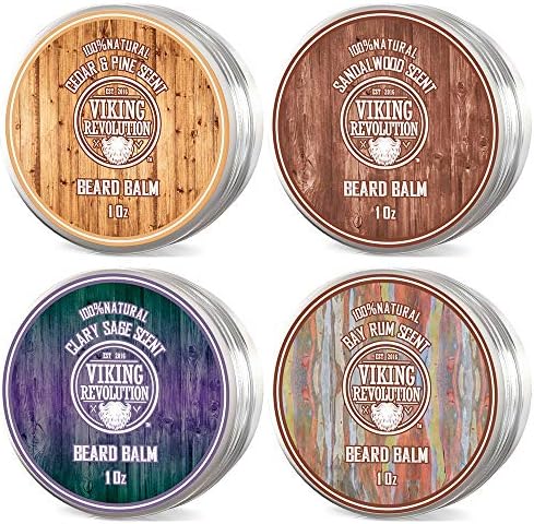 Viking Revolution 4 Beard Balm Variety Pack (1oz Each)- Sandalwood, Pine & Cedar, Bay Rum, Clary Sage- Styles, Strengthens & Softens Beards & Mustaches - Leave in Conditioner Wax for Men