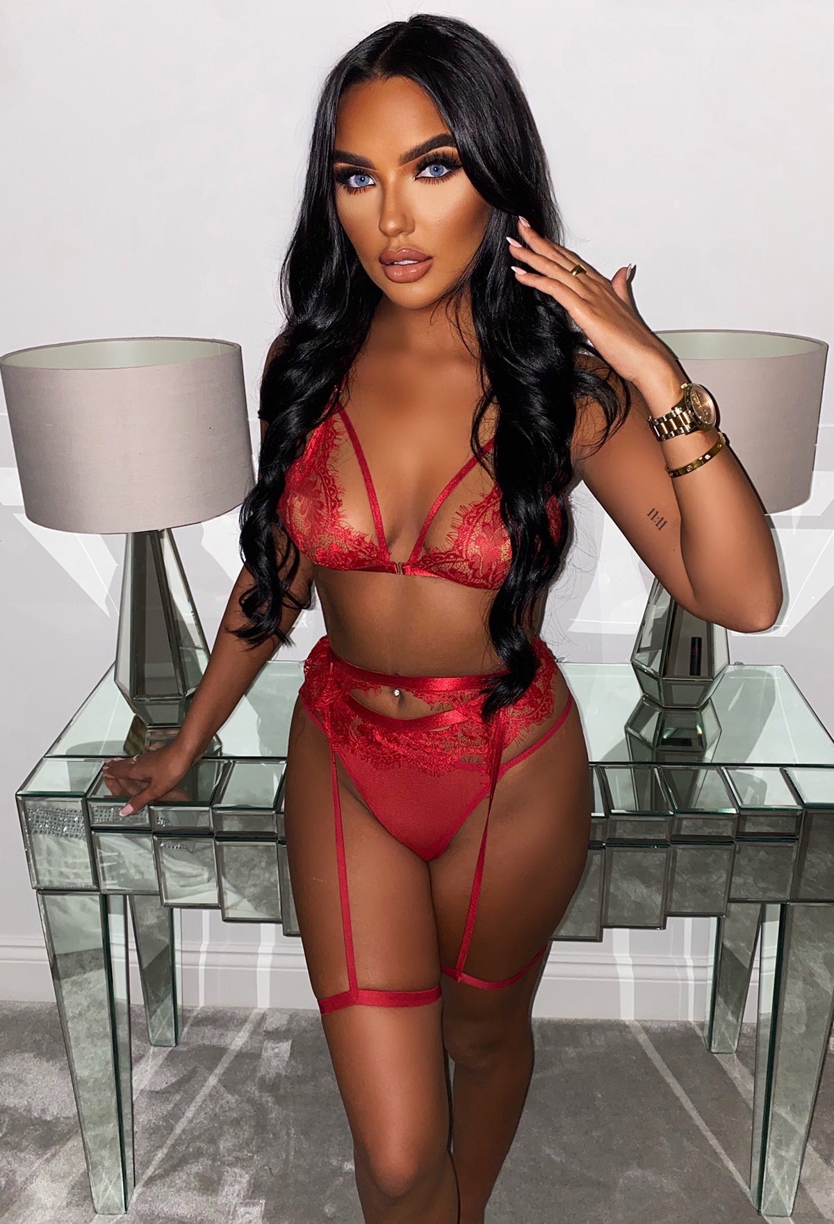 Red Rose Red Lace Bralet And Thong 3 Piece Lingerie Set