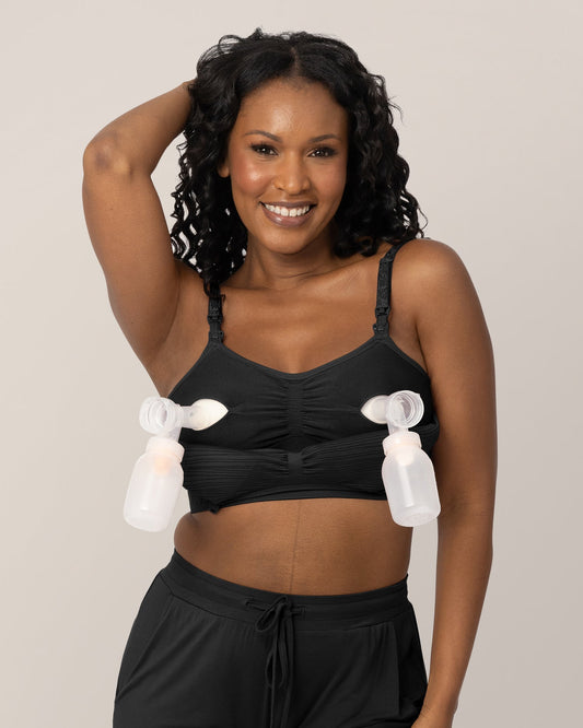 Model wearing the Sublime® Hands-Free Pumping & Nursing Bra in Black @model_info:Rashé is wearing a Large.