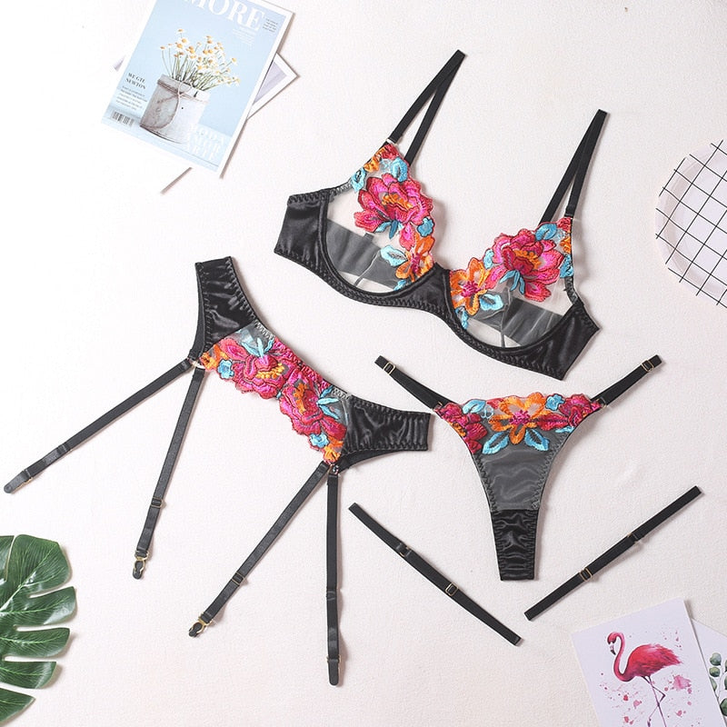 3-piece Color Lace Bra Set