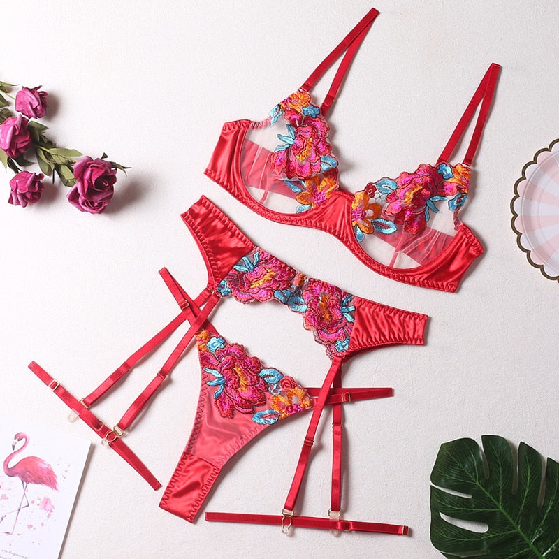 3-piece Color Lace Bra Set