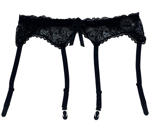 Scalloped Lace Garter Belt with Bow - Black
